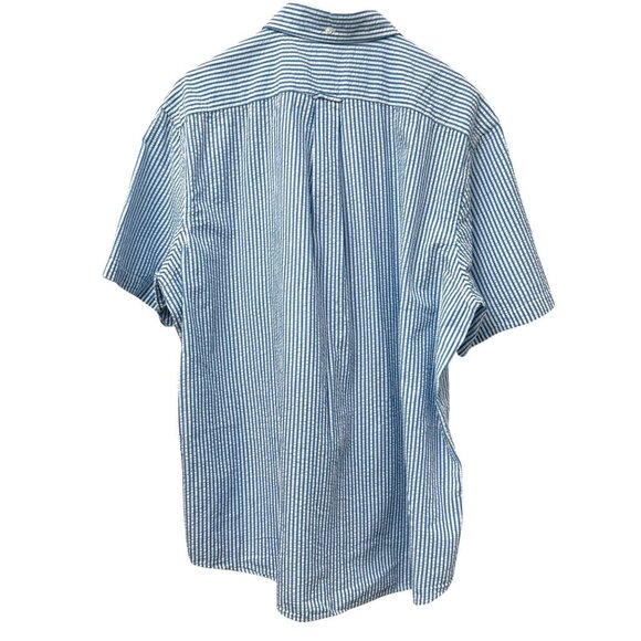 LANDS END Mens Seersucker Shirt XL Short Sleeve Cotton Blue Stripe Preppy Casual - Picture 6 of 9